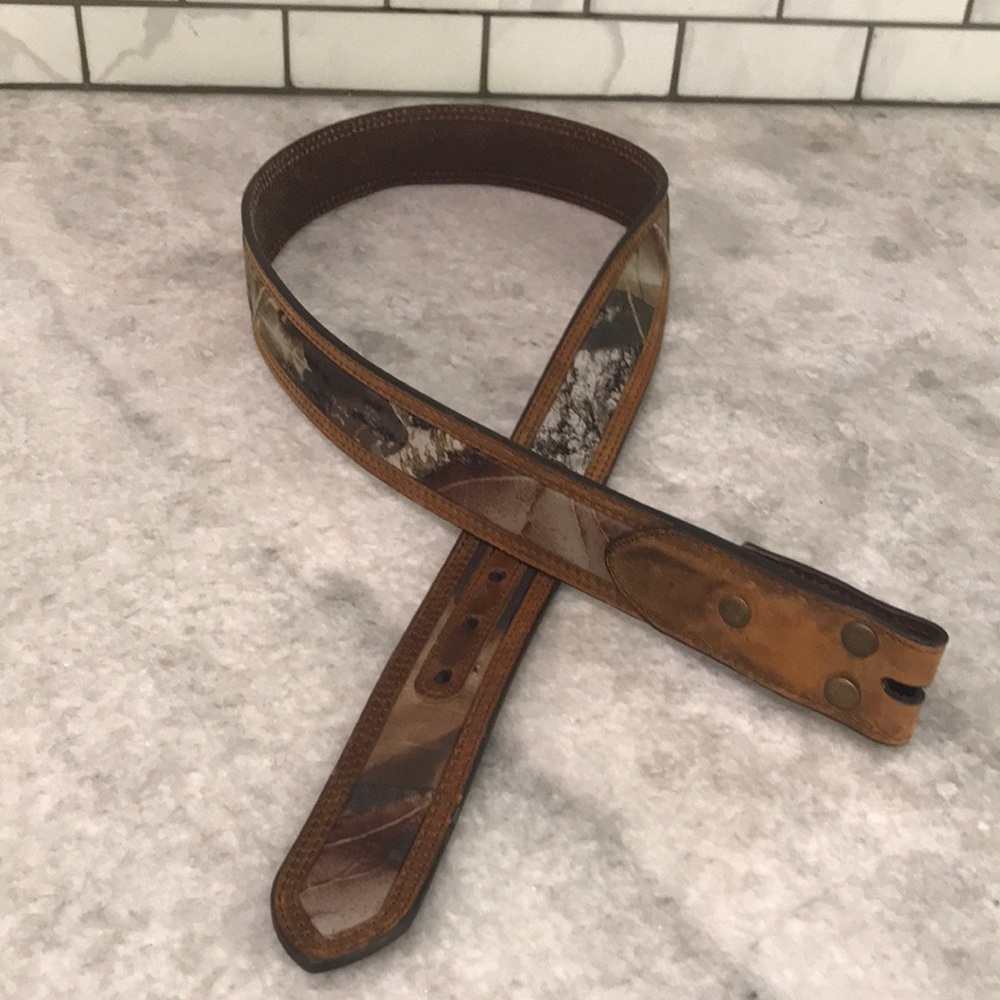 Nocona Belt Mens 34 Brown Leather Belt with Camouflage Design No Buckle Hunting